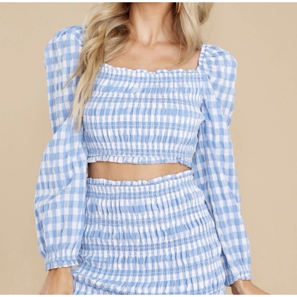 Storia Gingham Smocked Puff Sleeve Ruffle Crop Top Women's Size Medium